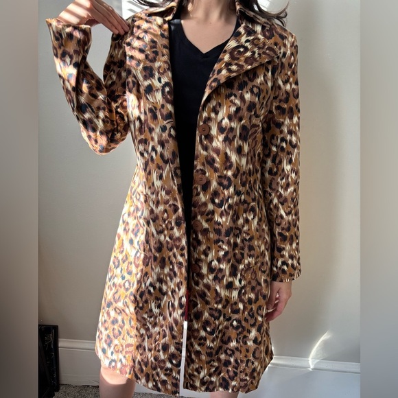 Jackets & Blazers - Y2K Retro Leopard Animal Print Midi Streetwear Trench Indie Coat - Size Medium